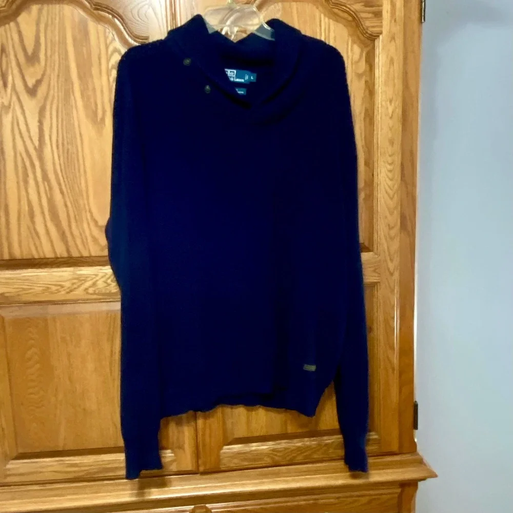 Polo Ralph Lauren Shawl Collar Sweater Mens L Blue Ribbed Knit Button Pullover